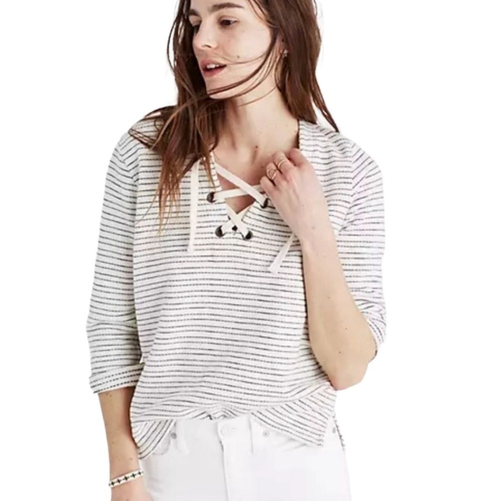 Madewell lace up pullover cream/navy striped top